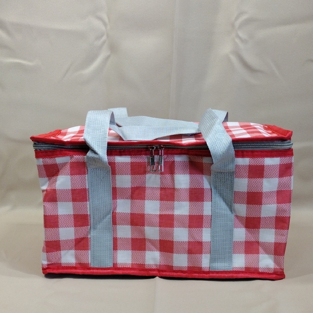 Red White Checkered Plaid Beach Casual  Utility Insulated Cooler Lunch Box Bag
